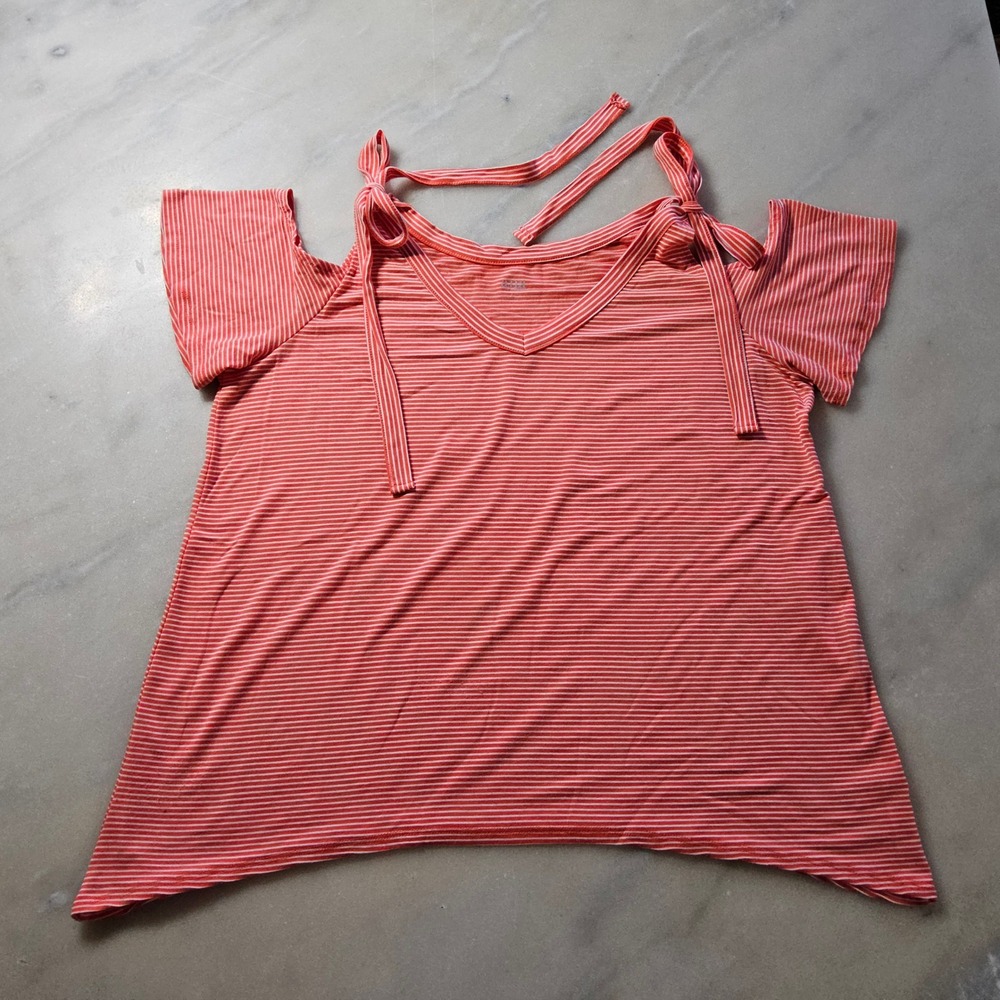 a.n.a Women's Striped‎ Cold Shoulder Tie Strap V-Neck T-Shirt Top Large
